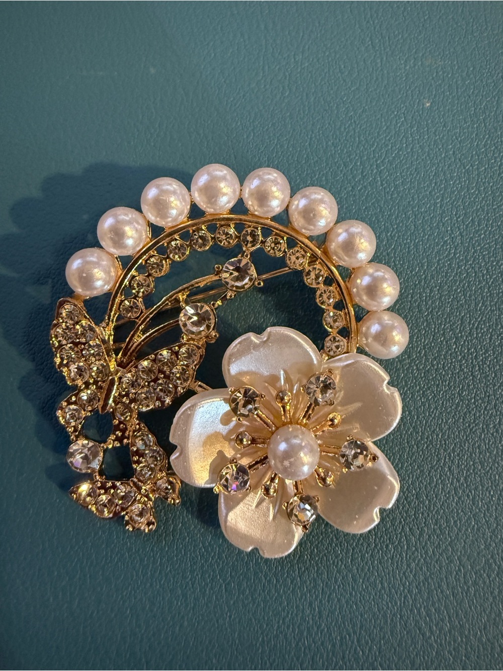 Gold-Tone Pearl & Crystal Floral Butterfly Brooch - Hibiscus
